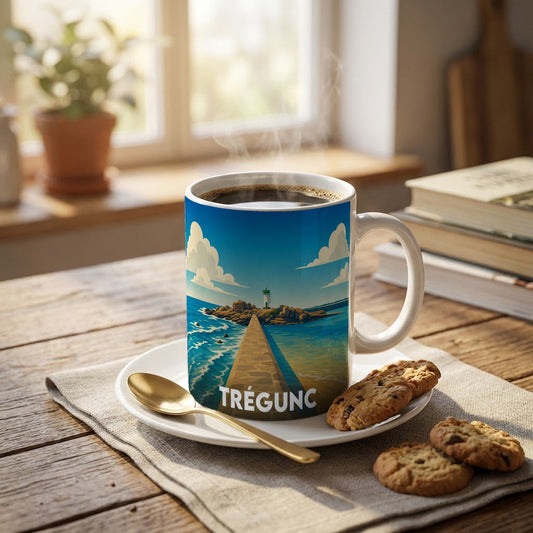 Mug souvenir de la ville de Trégunc avec une illustration stylisée de son littoral et de son phare.