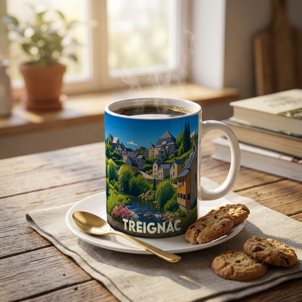 Mug souvenir de la ville de Treignac orné d'une illustration stylisée de son paysage urbain et d'une rivière.