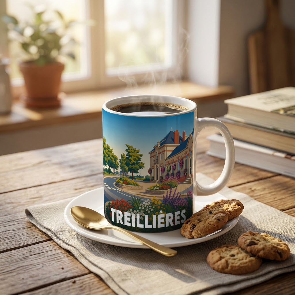 Mug souvenir de la ville de Treillières avec une illustration colorée et stylisée de ses paysages.
