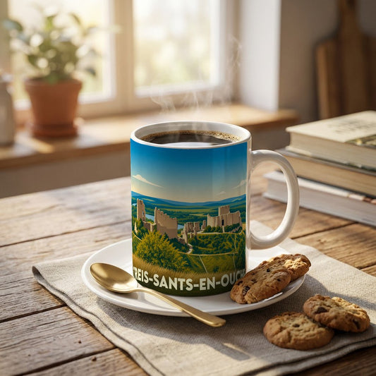 Mug souvenir de la ville de Treis-Sants-en-Ouche avec une illustration stylisée d'un château médiéval.