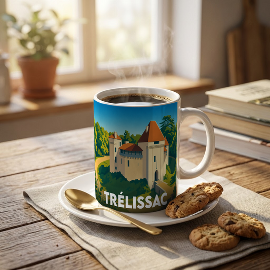 Mug souvenir de la ville de Trélissac avec une illustration stylisée du château de Caussade.
