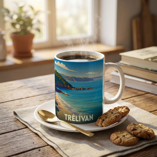 Mug souvenir de la ville de Trélivan orné d'une illustration côtière stylisée.