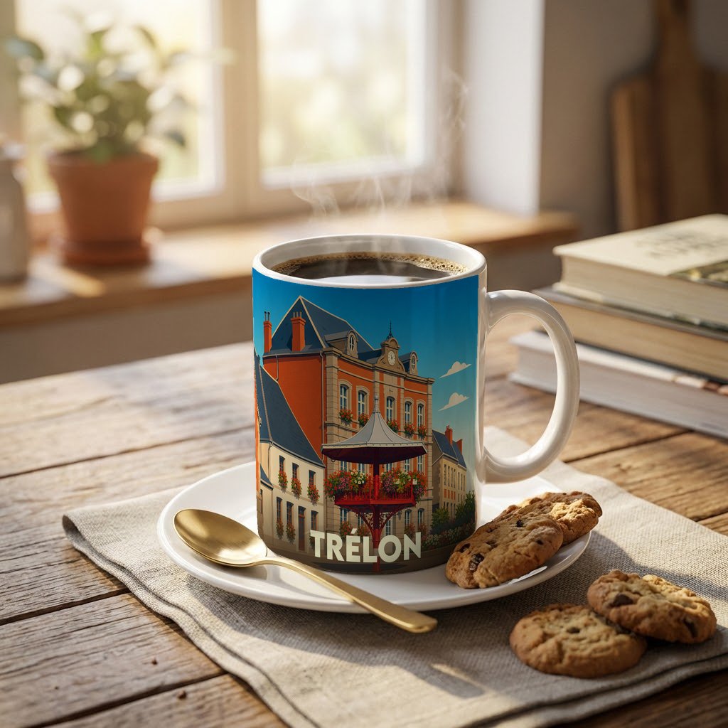 Mug souvenir de la ville de Trélon avec une illustration stylisée de son architecture locale.