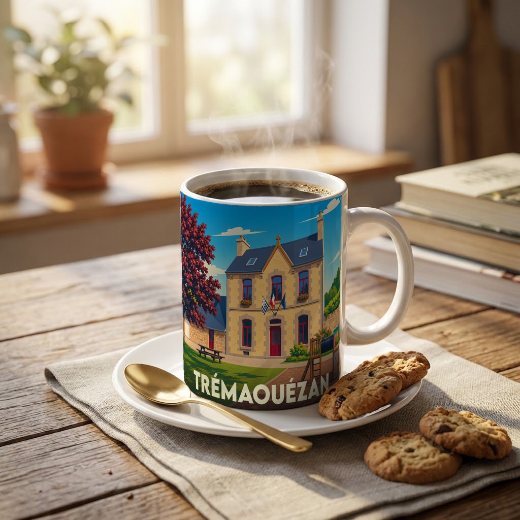Mug souvenir de la ville de Trémaouézan orné d'une illustration stylisée de sa mairie.