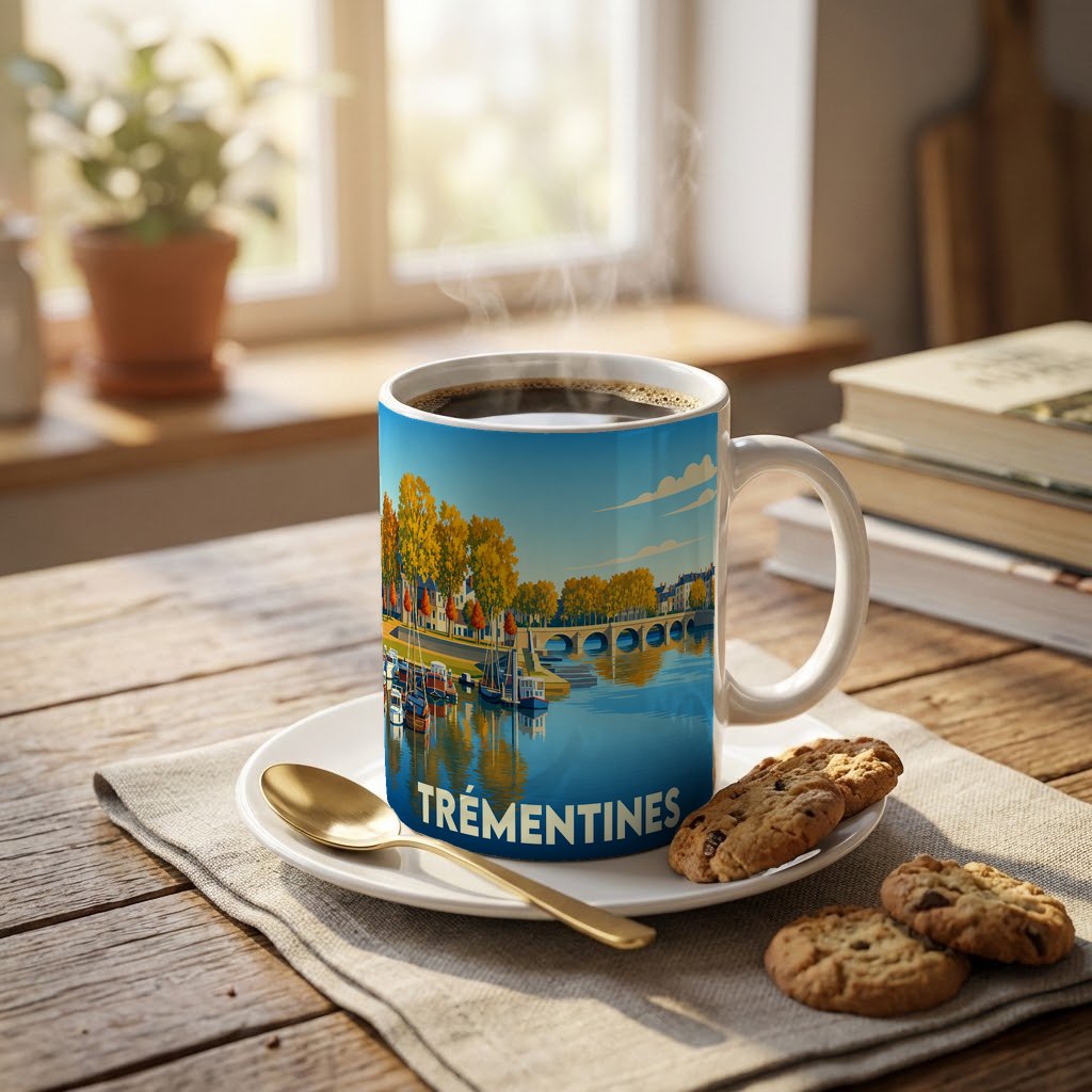 Mug souvenir de la ville de Trémentines orné d'une illustration stylisée représentant un quai et son pont.
