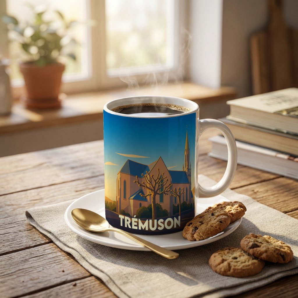 Mug souvenir de la ville de Trémuson orné d'une illustration stylisée de son église au coucher du soleil.