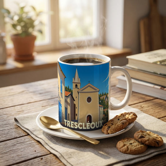 Mug souvenir de la ville de Trescléoux orné d'une illustration stylisée de son église et de ses façades provençales.