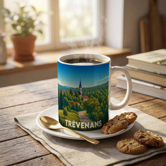 Mug souvenir de la ville de Trévenans illustré d'un paysage de village verdoyant.