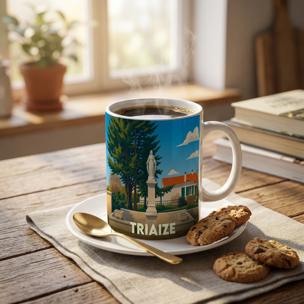 Mug souvenir de la ville de Triaize avec une illustration stylisée d'une statue et d'un paysage local.