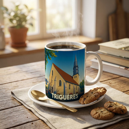 Mug souvenir de la ville de Triguères avec une illustration stylisée de son église.