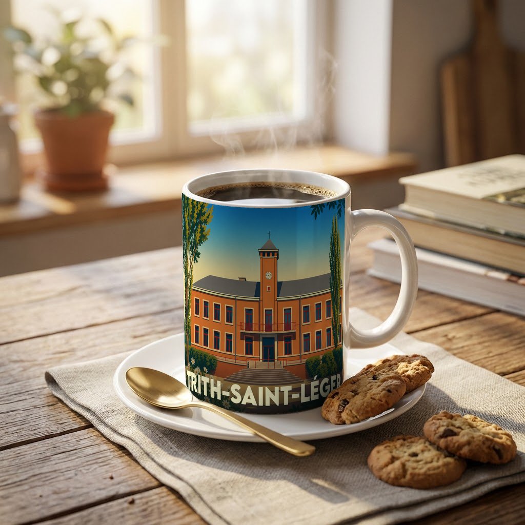 Mug souvenir de la ville de Trith-Saint-Léger orné d'une illustration stylisée de son hôtel de ville.