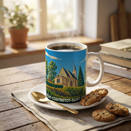 Mug souvenir de la ville de Trizay-Coutretot-Saint-Serge avec une illustration stylisée de son église.