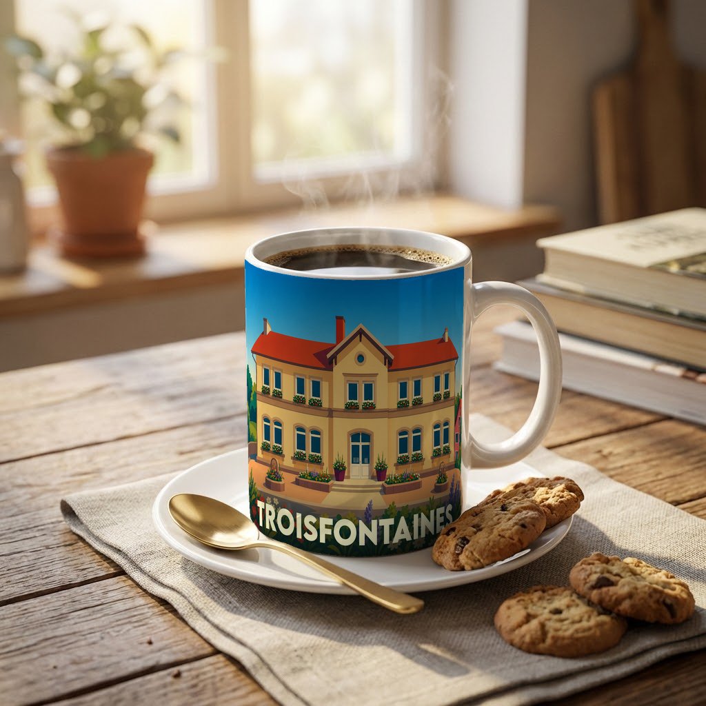 Mug souvenir de la ville de Troisfontaines avec une illustration stylisée d'un bâtiment historique.