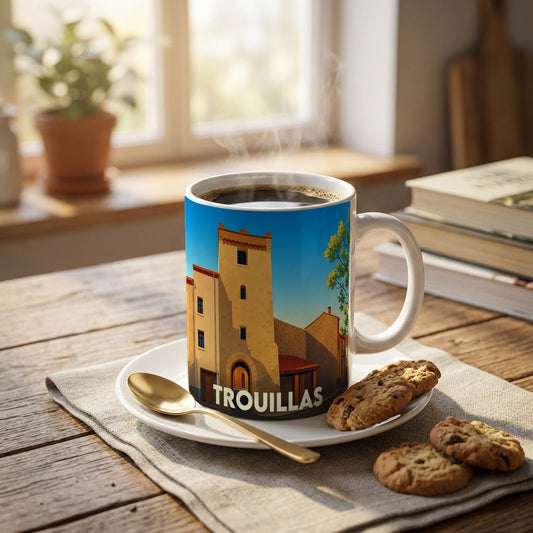 Mug souvenir de la ville de Trouillas avec une illustration stylisée de ses bâtiments historiques.