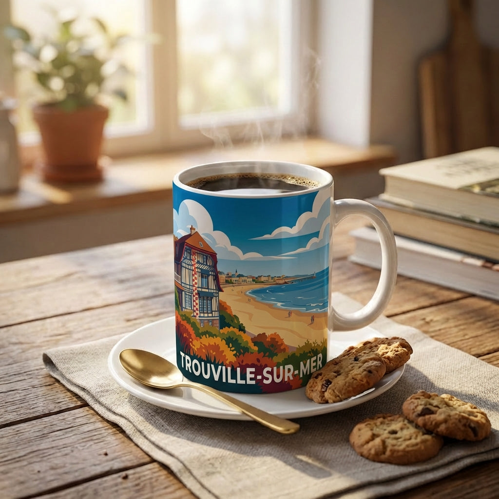 Mug souvenir de la ville de Trouville-sur-Mer avec une illustration stylisée de son bord de mer.