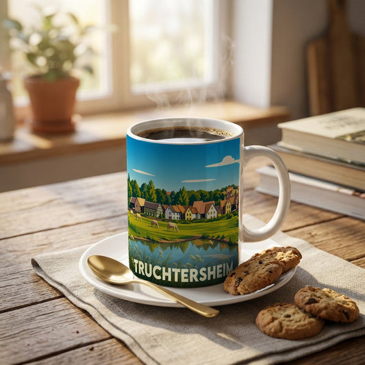 Mug souvenir de la ville de Truchtersheim orné d'une illustration stylisée de son paysage alsacien.