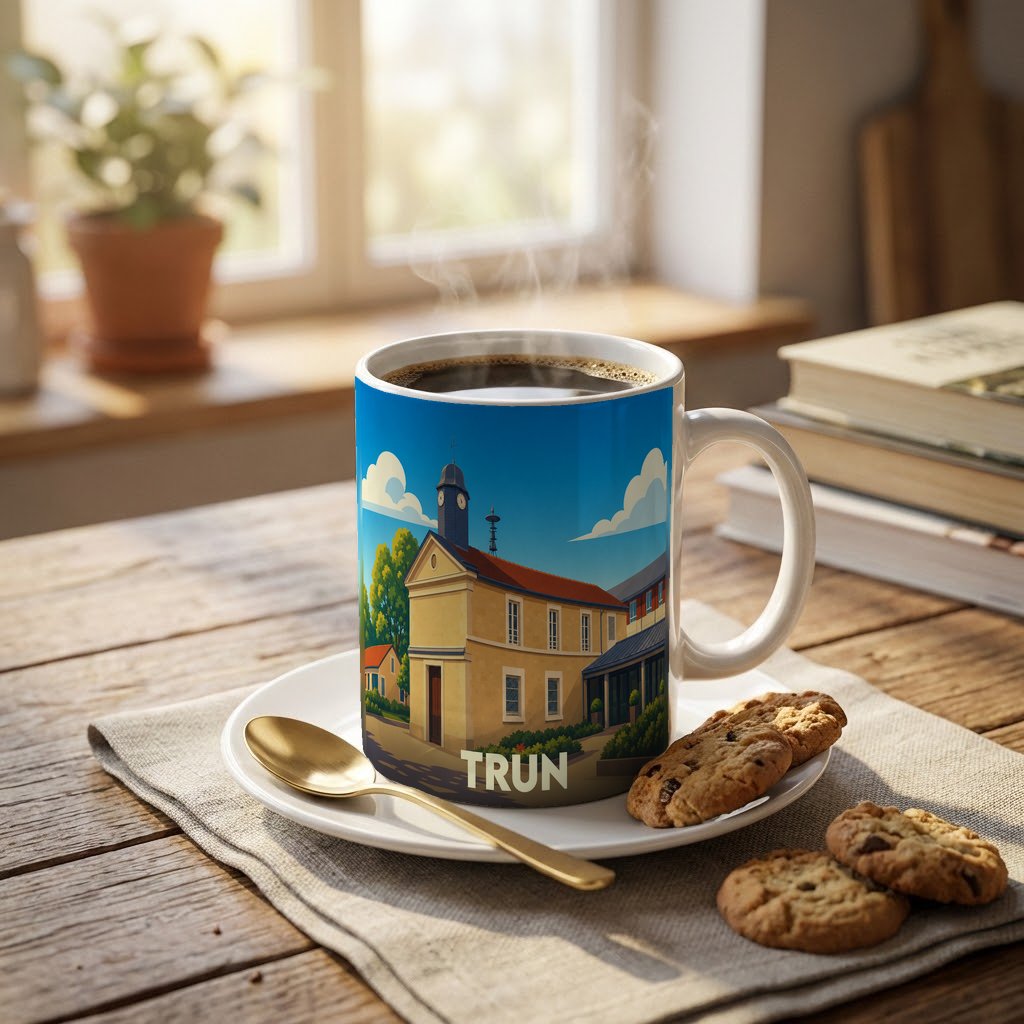 Mug souvenir de la ville de Trun orné d'une illustration stylisée de son architecture locale.