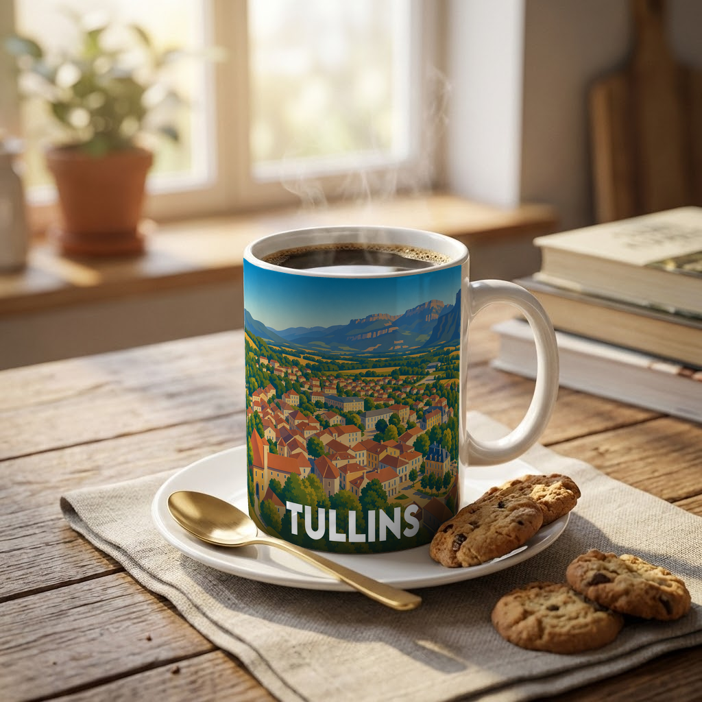 Mug souvenir de la ville de Tullins orné d'une illustration paysagère stylisée.