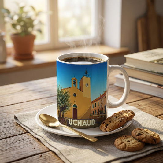 Mug souvenir de la ville d'Uchaud avec une illustration stylisée de son église et de son clocher.