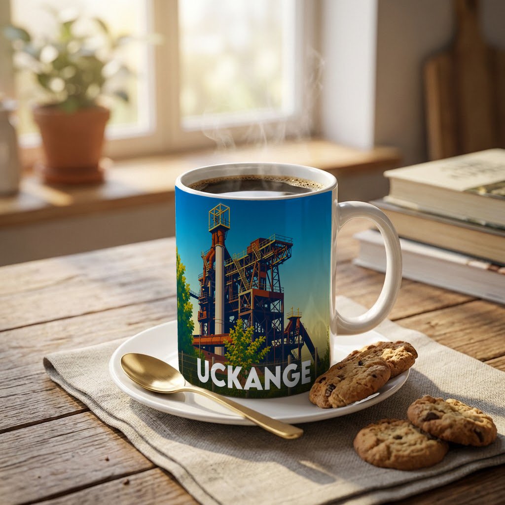 Mug souvenir de la ville d'Uckange orné d'une illustration stylisée de son haut-fourneau.