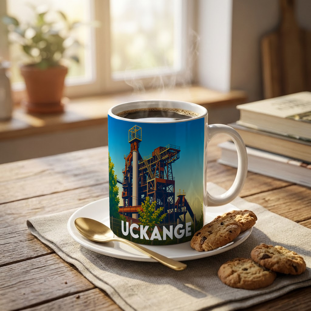 Mug souvenir de la ville d'Uckange orné d'une illustration stylisée de son haut-fourneau.