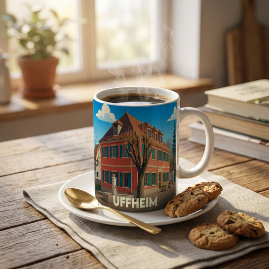 Mug souvenir de la ville d'Uffheim avec une illustration stylisée d'une maison traditionnelle alsacienne.