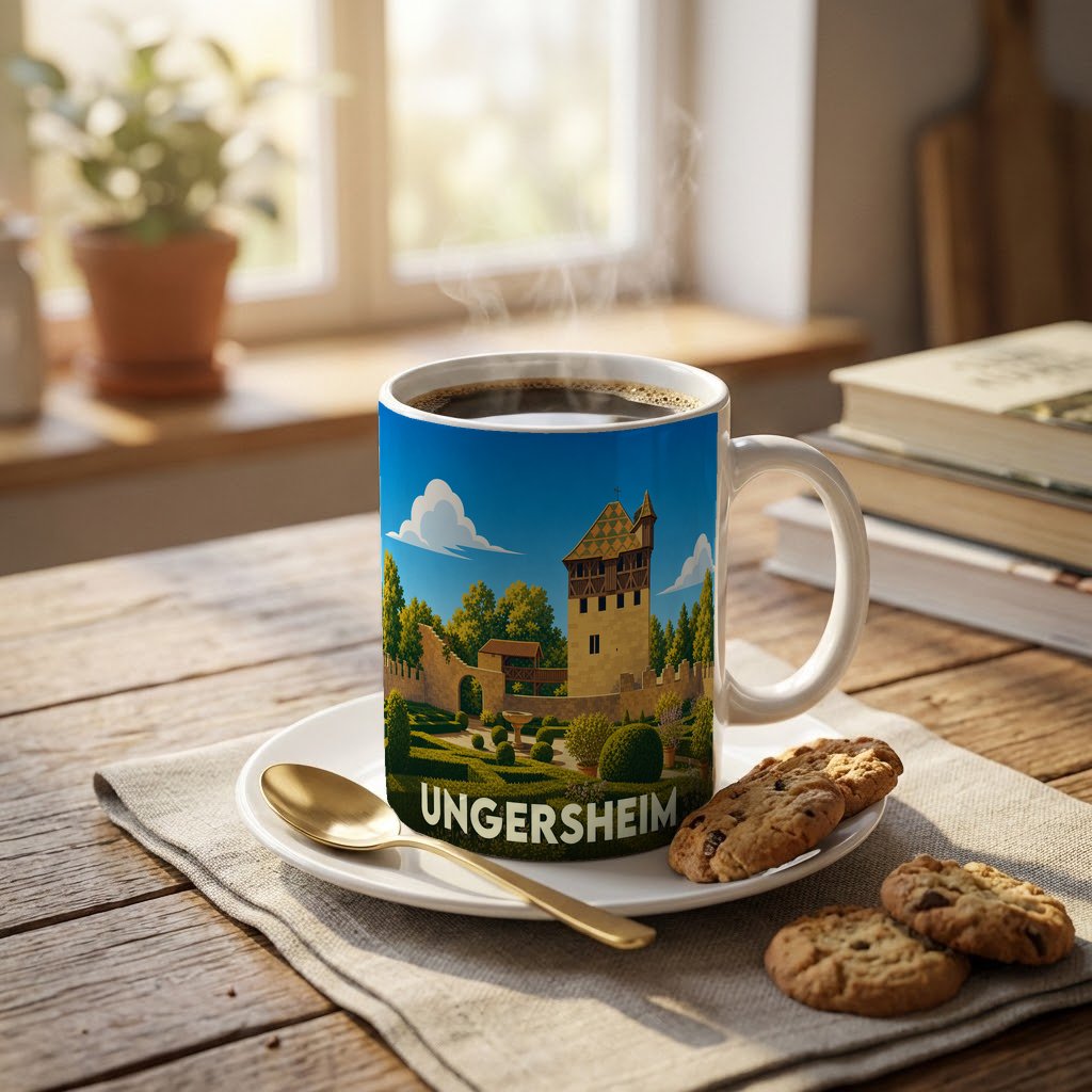 Mug souvenir de la ville d'Ungersheim orné d'une illustration stylisée de son patrimoine architectural et de ses jardins.