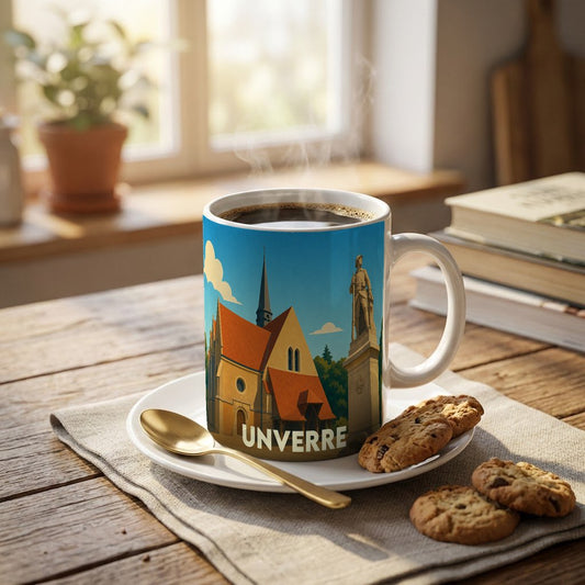Mug souvenir de la ville d'Unverre avec une illustration stylisée d'une église et d'un monument.