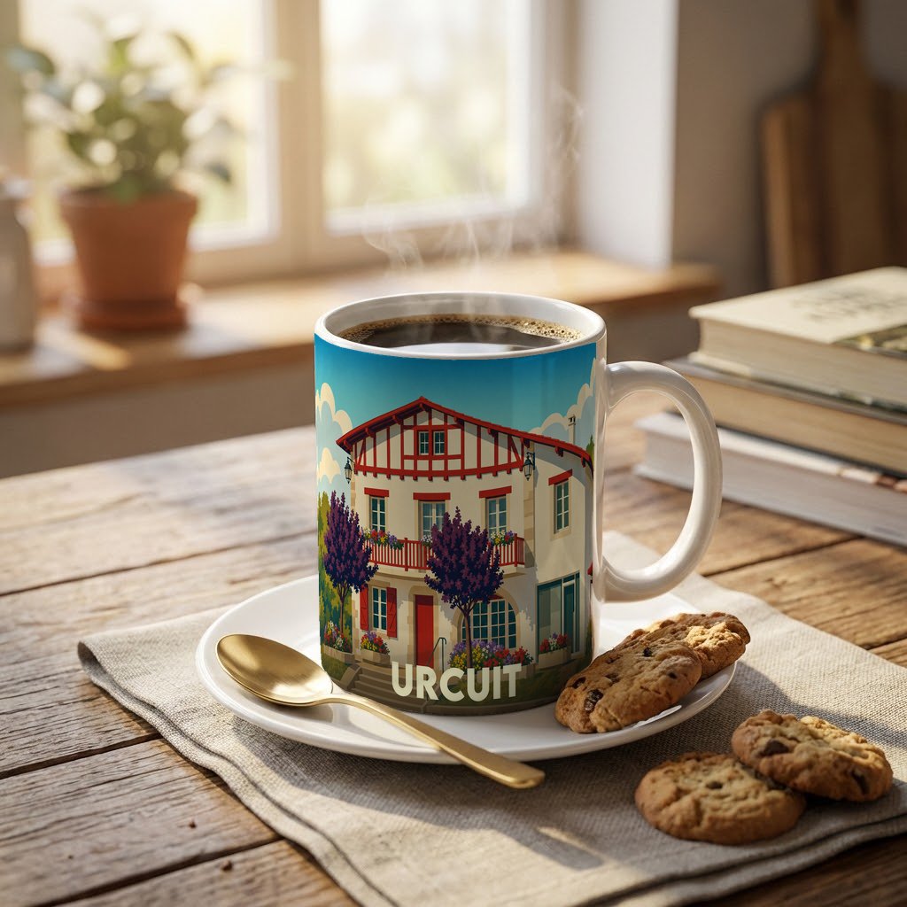 Mug souvenir de la ville d'Urcuit illustré par une maison basque traditionnelle.