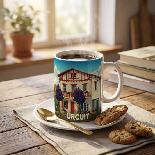Mug souvenir de la ville d'Urcuit illustré par une maison basque traditionnelle.