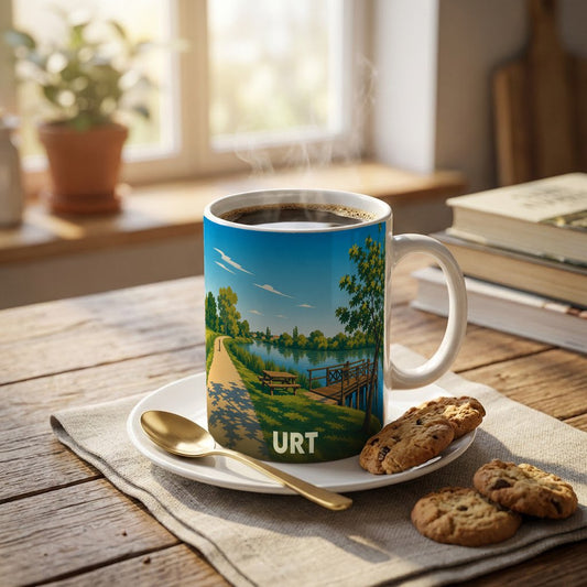 Mug souvenir de la ville de Urt avec une illustration stylisée représentant les bords de l'Adour.