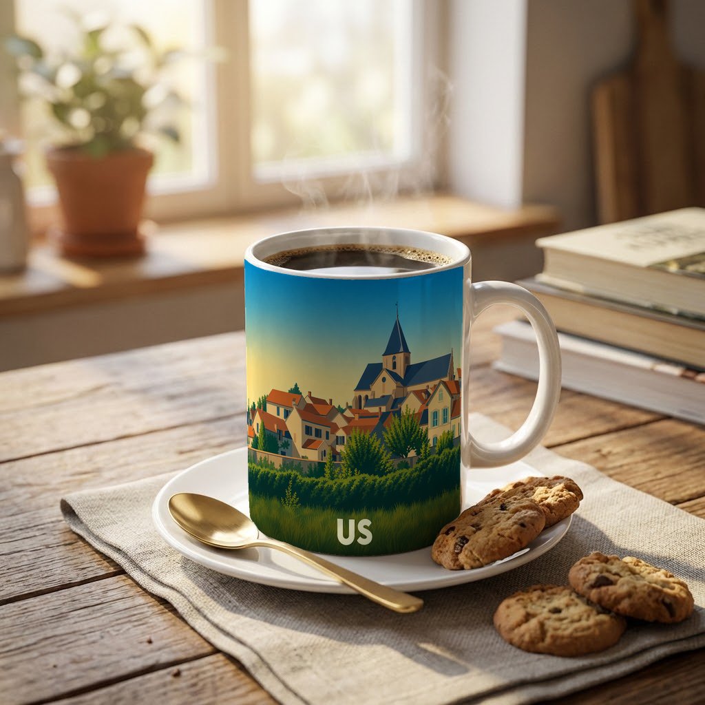 Mug souvenir de la ville de Us avec une illustration stylisée de son église et de ses maisons.
