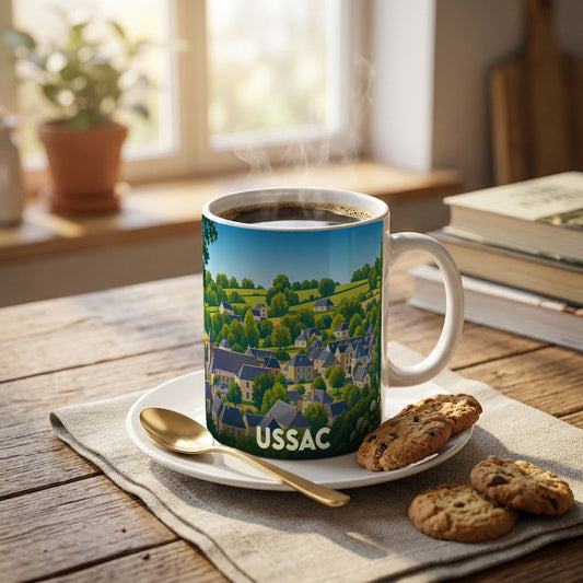 Mug souvenir de la ville d'Ussac orné d'une illustration stylisée de son paysage vallonné et de ses habitations.