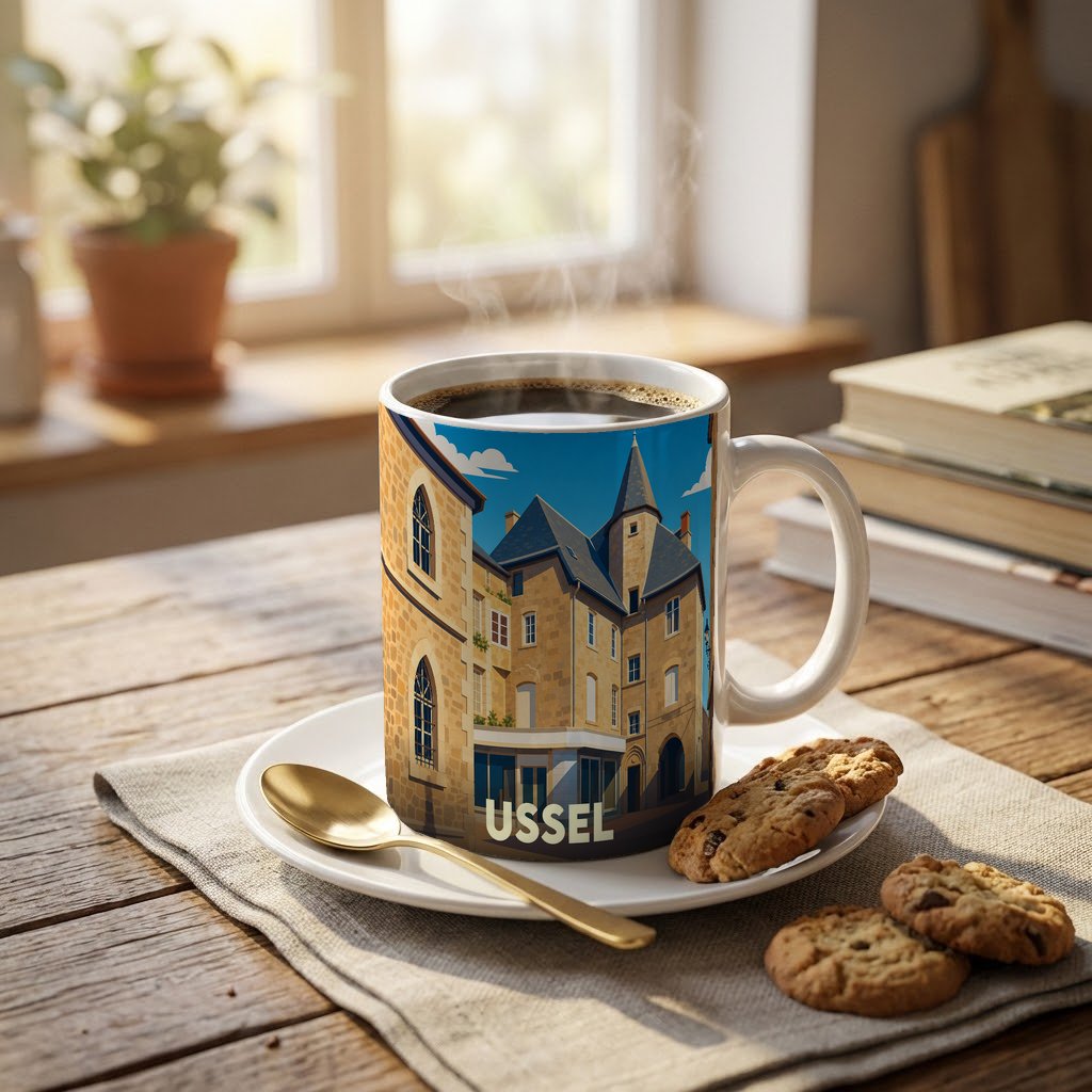 Mug souvenir de la ville d'Ussel arborant une illustration stylisée de son architecture médiévale.