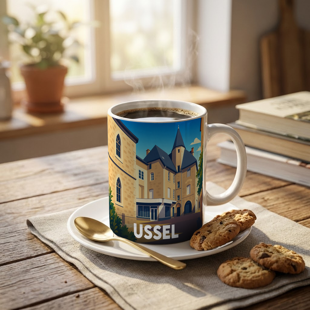 Mug souvenir de la ville d'Ussel avec une illustration stylisée de ses bâtiments historiques.
