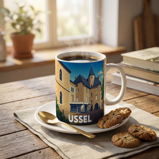 Mug souvenir de la ville d'Ussel avec une illustration stylisée de ses bâtiments historiques.