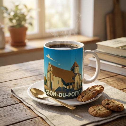 Mug souvenir de la ville d'Usson-du-Poitou avec une illustration stylisée d'une église romane.