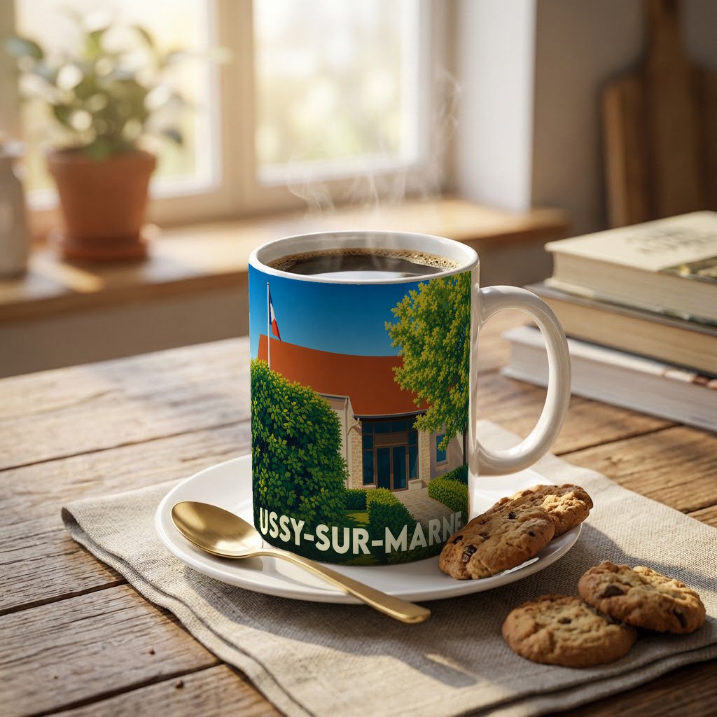Mug souvenir de la ville d'Ussy-sur-Marne illustré d'un paysage urbain stylisé.