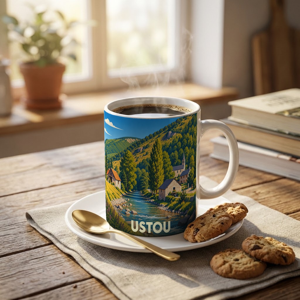 Mug souvenir de la ville d'Ustou orné d'une illustration stylisée représentant un paysage de montagne et de rivière.