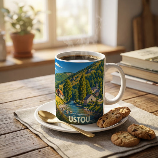 Mug souvenir de la ville d'Ustou orné d'une illustration stylisée représentant un paysage de montagne et de rivière.