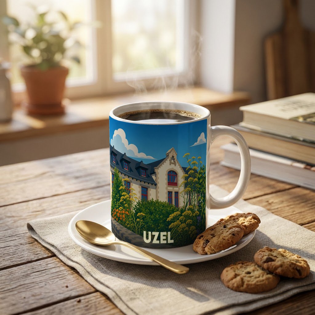 Mug souvenir de la ville d'Uzel orné d'une illustration stylisée représentant une demeure traditionnelle.