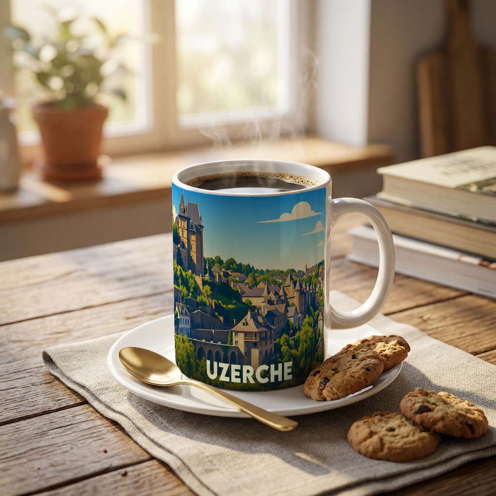 Mug souvenir de la ville d'Uzerche avec une illustration stylisée d'un paysage urbain médiéval.