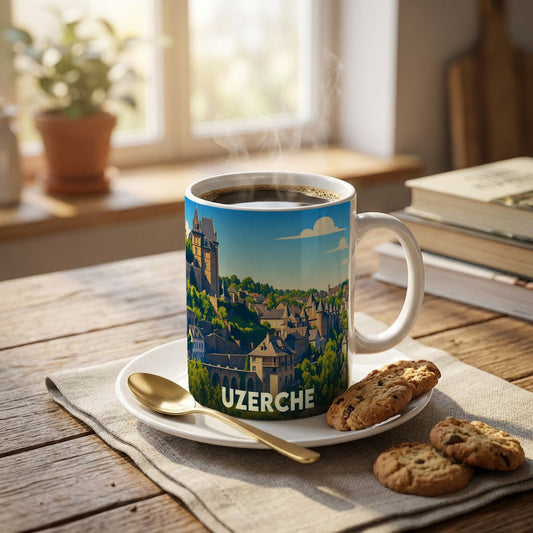 Mug souvenir de la ville d'Uzerche avec une illustration stylisée d'un paysage urbain médiéval.