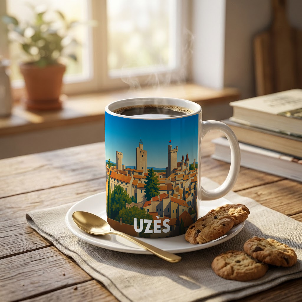 Mug souvenir de la ville d'Uzès avec une illustration stylisée de ses tours médiévales.
