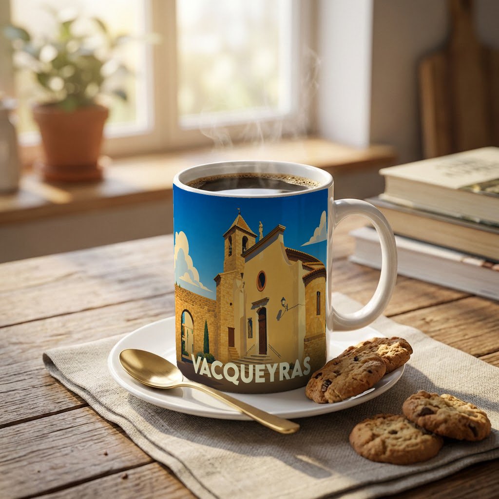 Mug souvenir de la ville de Vacqueyras avec une illustration stylisée de son église provençale.