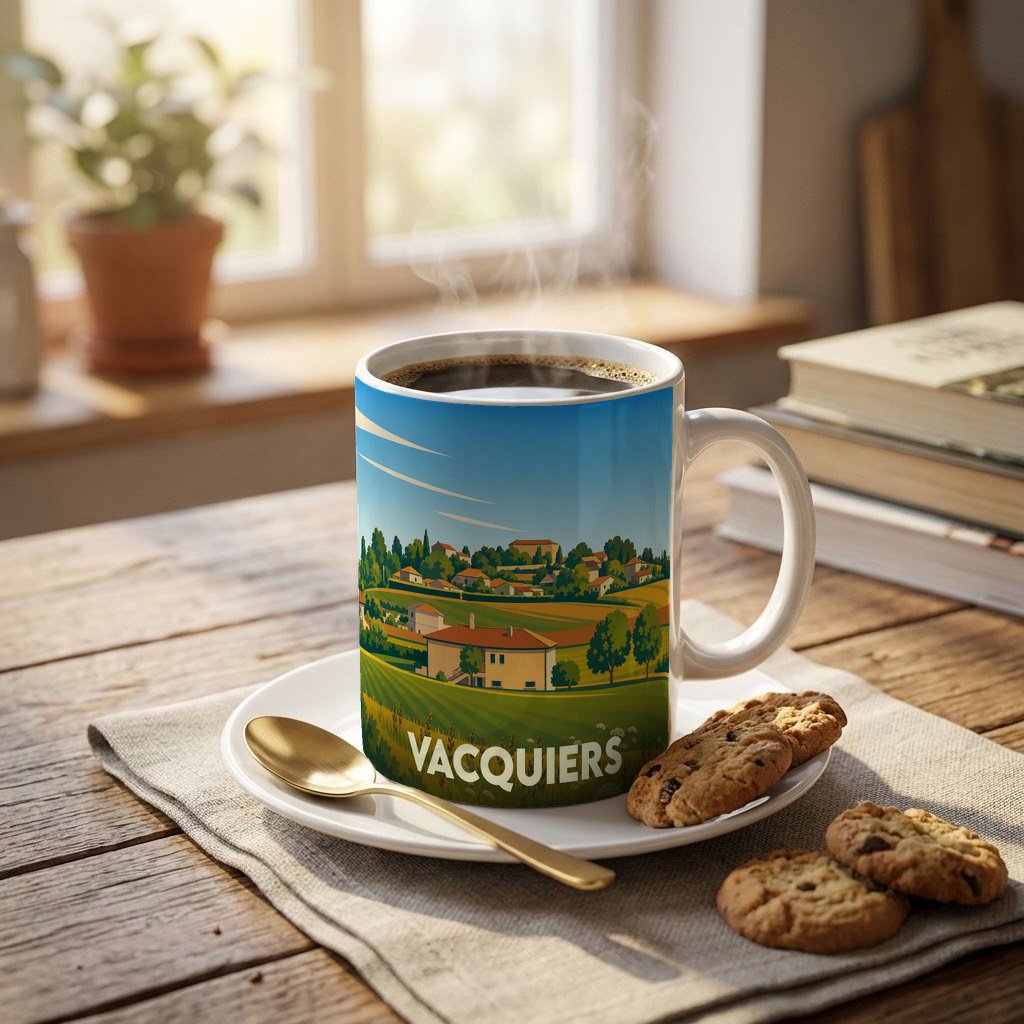 Mug souvenir de la ville de Vacquiers avec une illustration stylisée de son paysage rural.