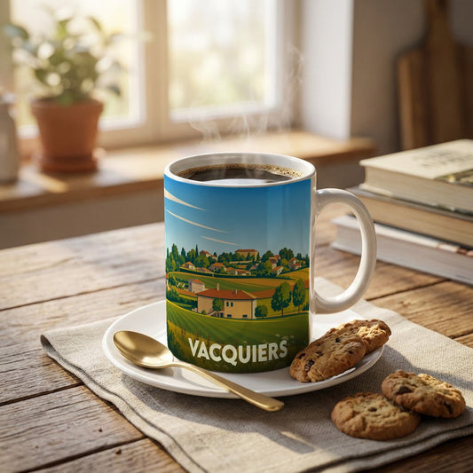Mug souvenir de la ville de Vacquiers avec une illustration stylisée de son paysage rural.