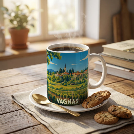Mug souvenir de la ville de Vagnas orné d'une illustration stylisée de son paysage provençal.