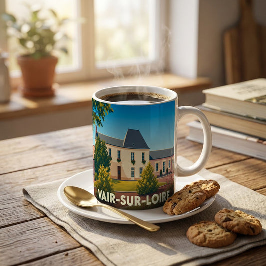 Mug souvenir de la ville de Vair-sur-Loire avec une illustration stylisée.