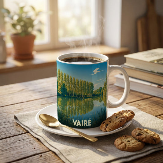Mug souvenir de la ville de Vairé illustré d'un paysage de lac et de forêt.
